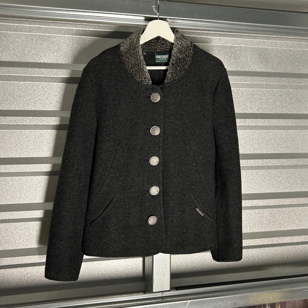 Geiger Boiled Wool Jacket Womens 40 Grey Austrian Tyrolean Alpine Sherpa Collar